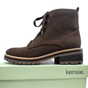 Kensie Brown Lug Sole Lace Up Ankle Boots Chunky Block Heel Micro Suede Women's